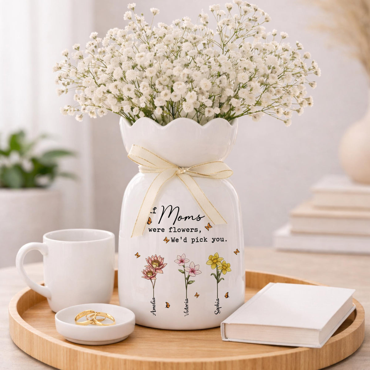 Personalized Mom Garden Ceramic Vase, Custom Birth Flower Vase for Mom, Grandma Garden Vase, Mother's Day Gift for Mom, Nana Gift