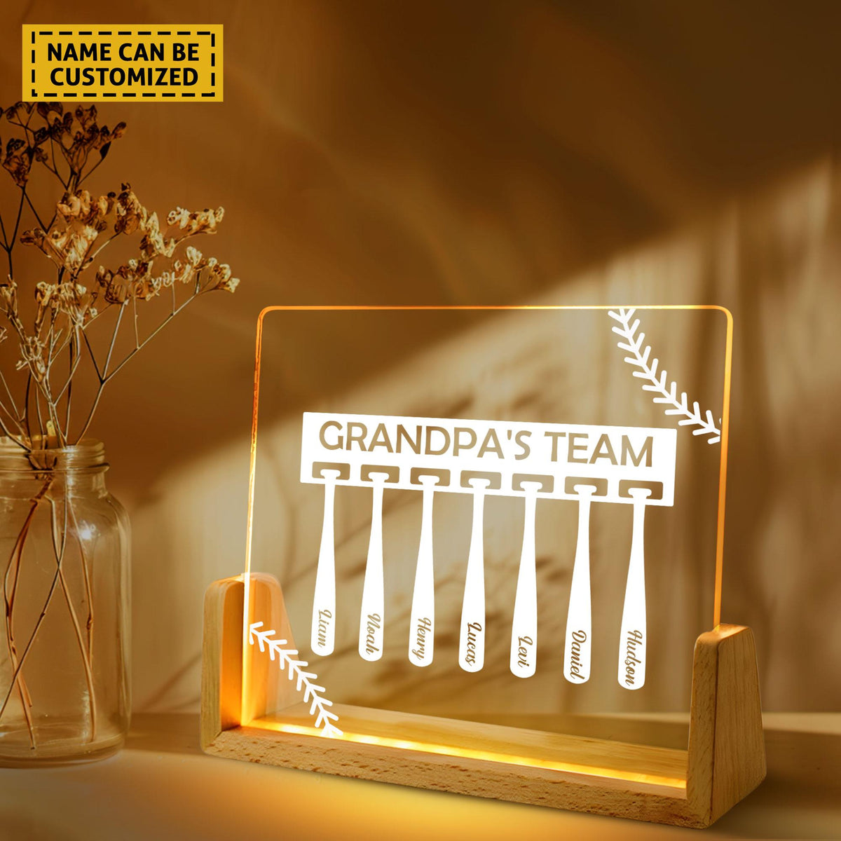 Baseball Grandpa Gift with Grandkids Names,Custom Grandpa's Team Night Light, Dad Gifts from Daughter Son, Father's Day Gift, Baseball Coach