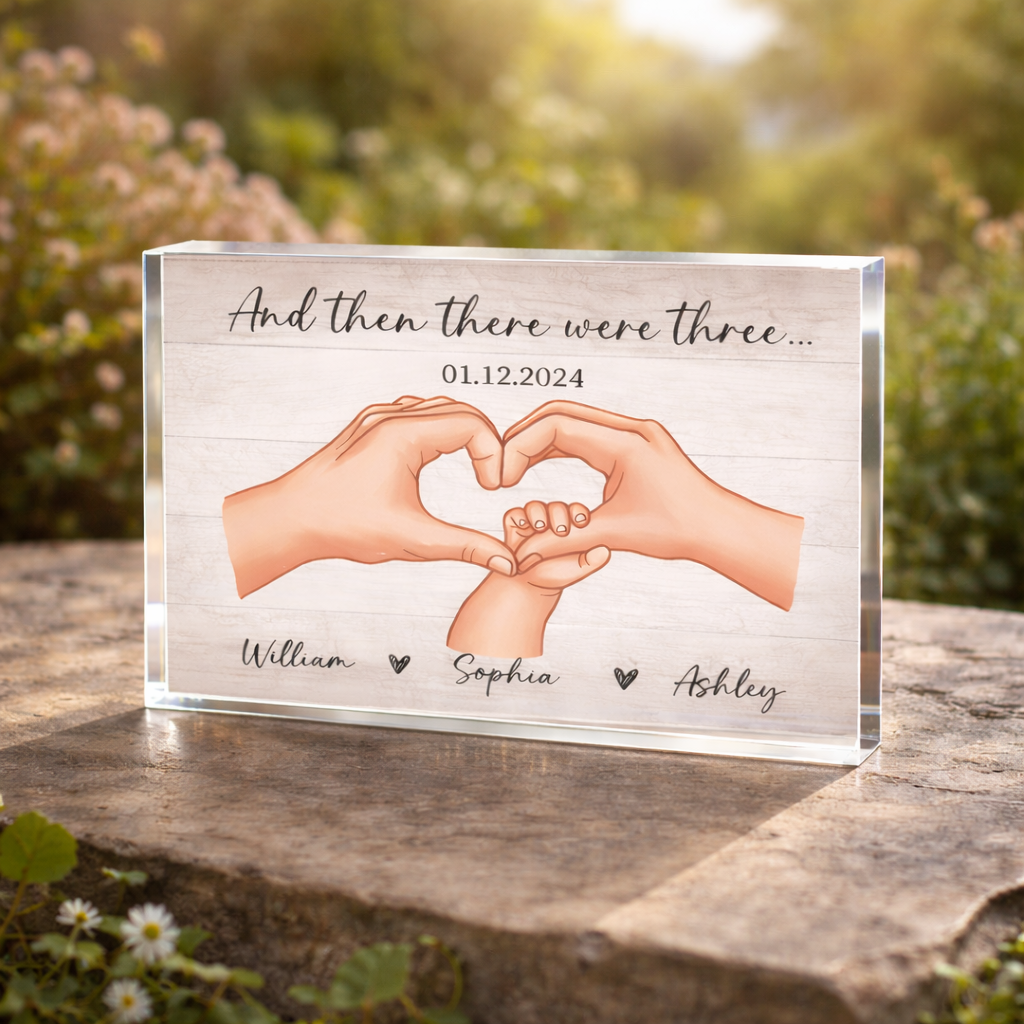 Family Of Three Personalized Acrylic Table Sign, Heartfelt Gift For New Mom, New Dad, New Parents