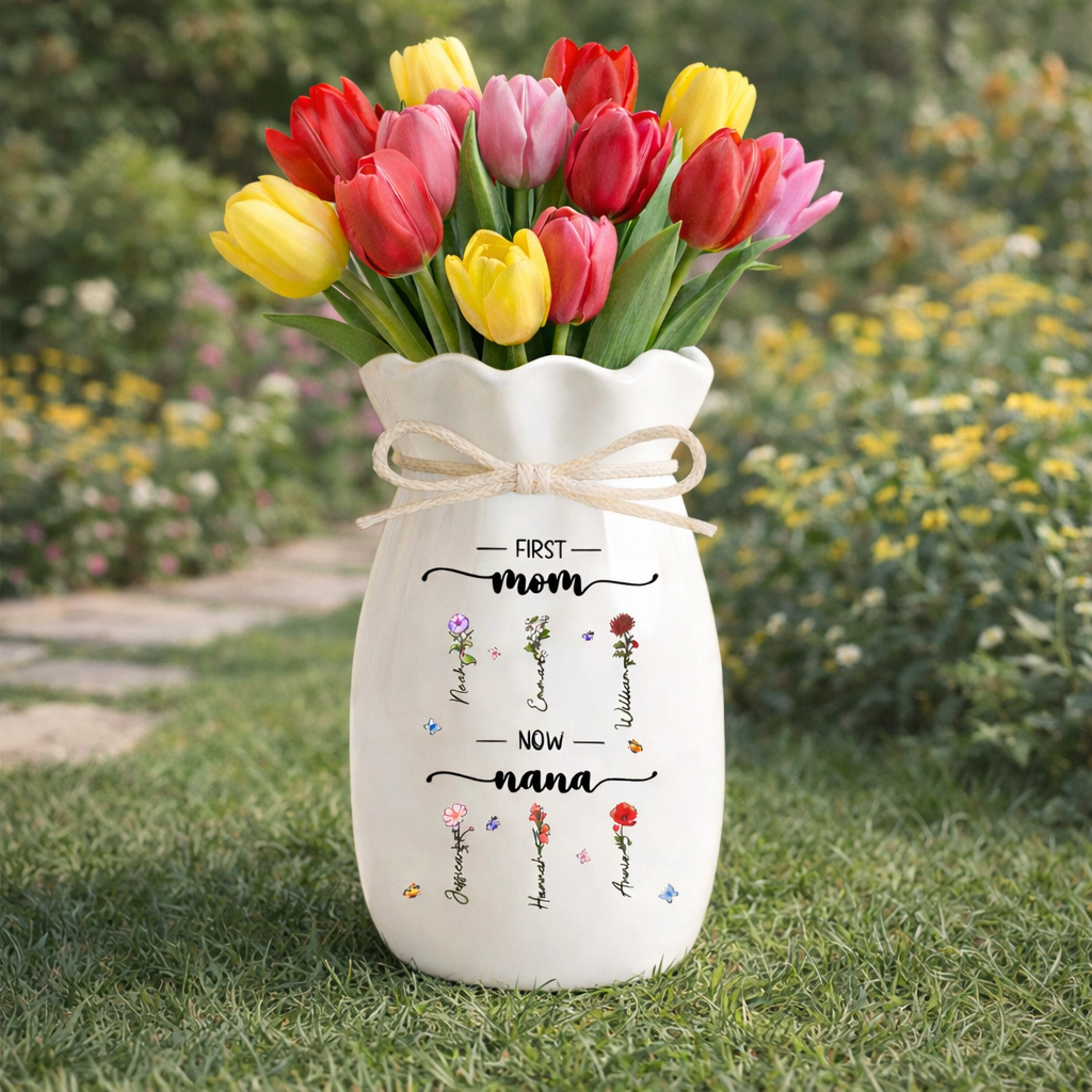 First Mom Now Grandma Custom Birth Month Flower - Personalized Flower Vase With Ribbon - Gift For Mom, Grandma, Mother's Day Gift