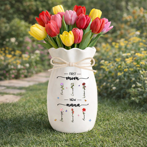 First Mom Now Grandma Custom Birth Month Flower - Personalized Flower Vase With Ribbon - Gift For Mom, Grandma, Mother's Day Gift
