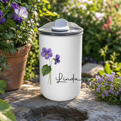 Personalized Wild Violet Floral Tumbler, Custom Name Insulated Drink Cup, Gift For Her