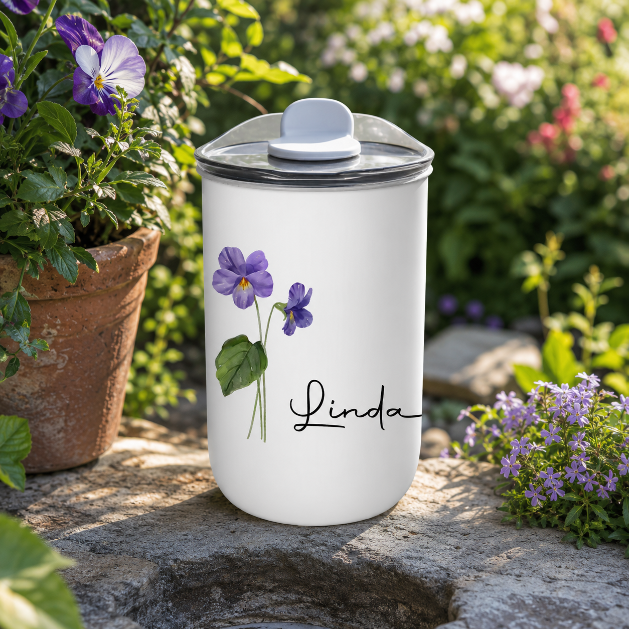Personalized Wild Violet Floral Tumbler, Custom Name Insulated Drink Cup, Gift For Her