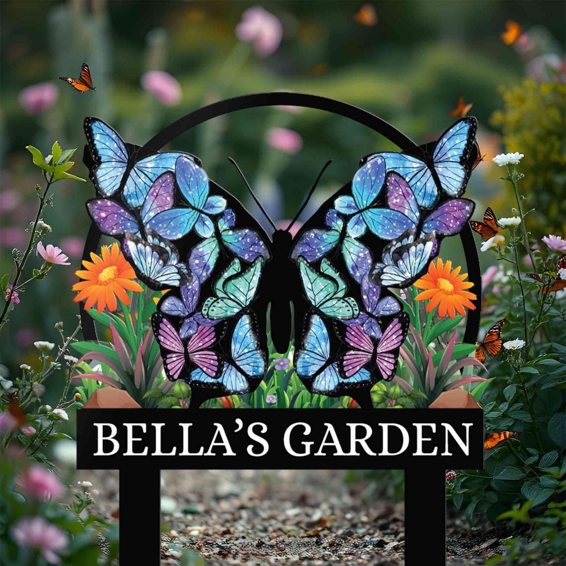 Personalized Butterfly Garden Metal Sign With Stakes, Custom Garden Flower Sign, Housewarming Gift, Garden Name Sign