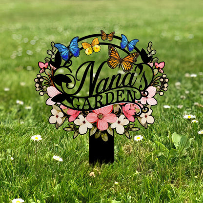 Personalized Nana's Garden Sign, Metal Garden Stake with Flowers and Butterflies, Outdoor Yard Decoration, Grandma Gift, Nana's Blessings