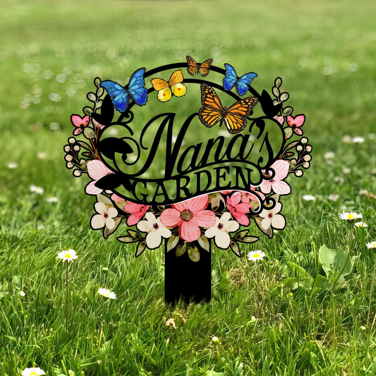 Personalized Nana's Garden Sign, Metal Garden Stake with Flowers and Butterflies, Outdoor Yard Decoration, Grandma Gift, Nana's Blessings