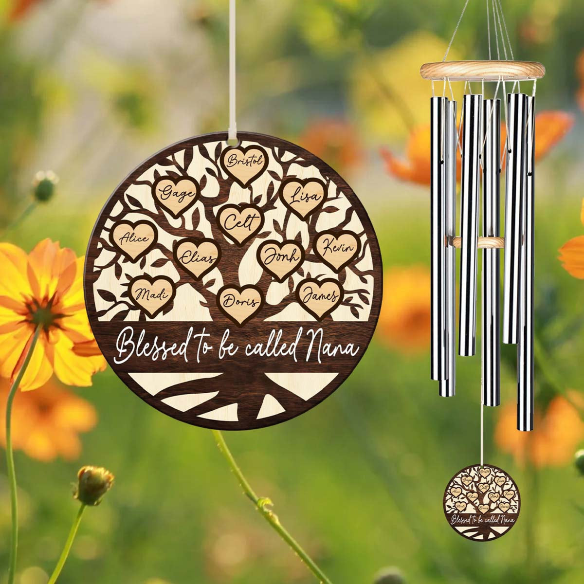 Blessed To Be Called Nana Family Tree With Kid Name - Personalized Windchime - Gift For Mom, Grandma, Mother's Day, Birthday Gift