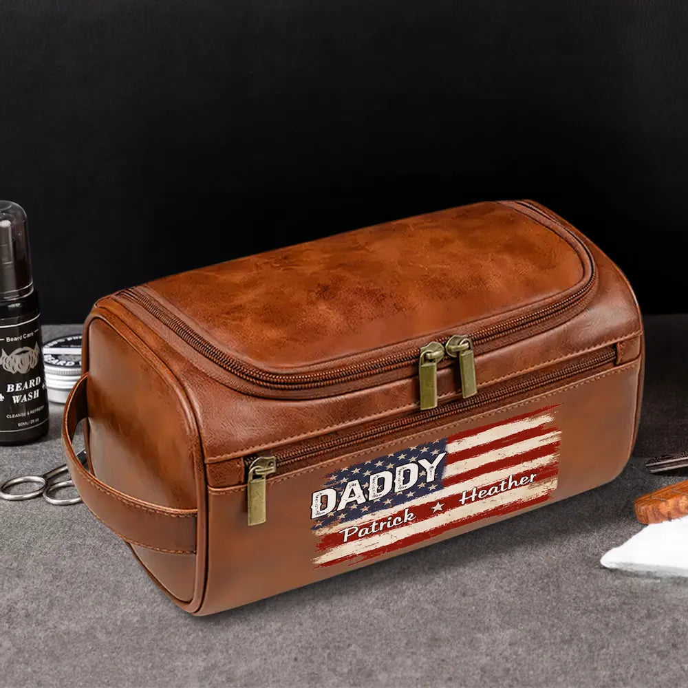 Proud To Be American Dad - Personalized Leather Toiletry Bag - Gift For Father, Gift For Grandpa, Father's Day Gift