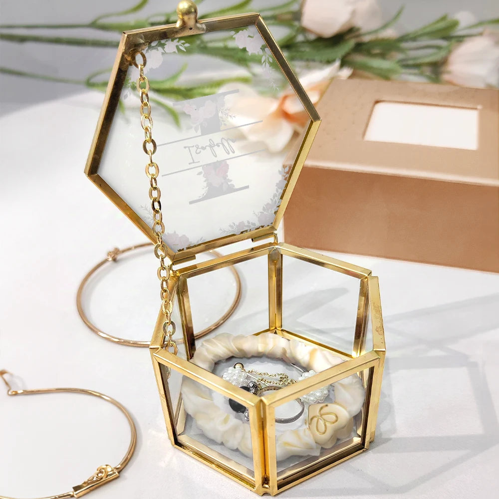 Monogram Floral - Personalized Hexagonal Glass Ring Box - Gift For Mother, Grandma, Aunt, Besties, Sisters, Girlfriend