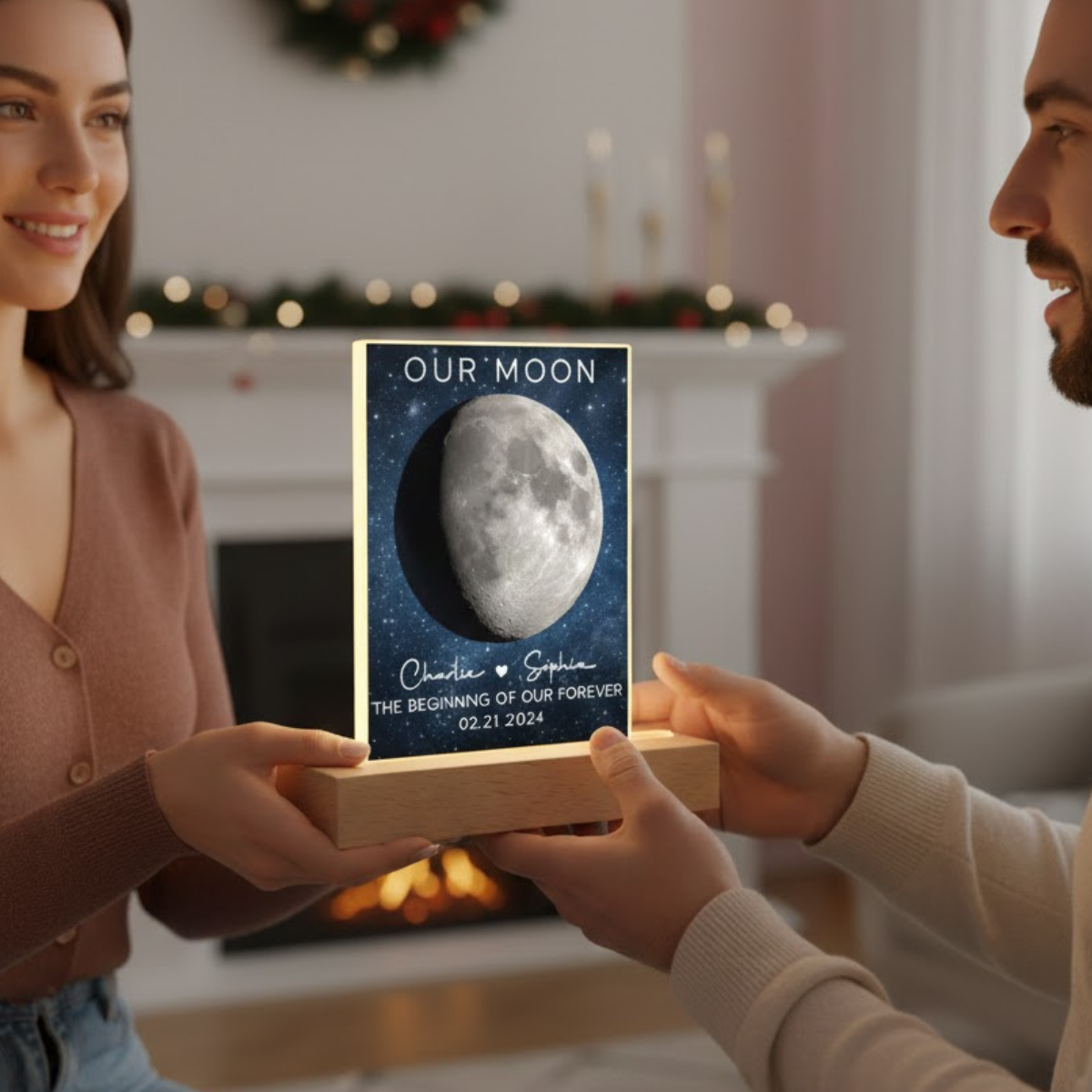 Our Moon Couple Moon Phase - Personalized 3D LED Light Wooden Base - Anniversary Gift For Him Gift For Her