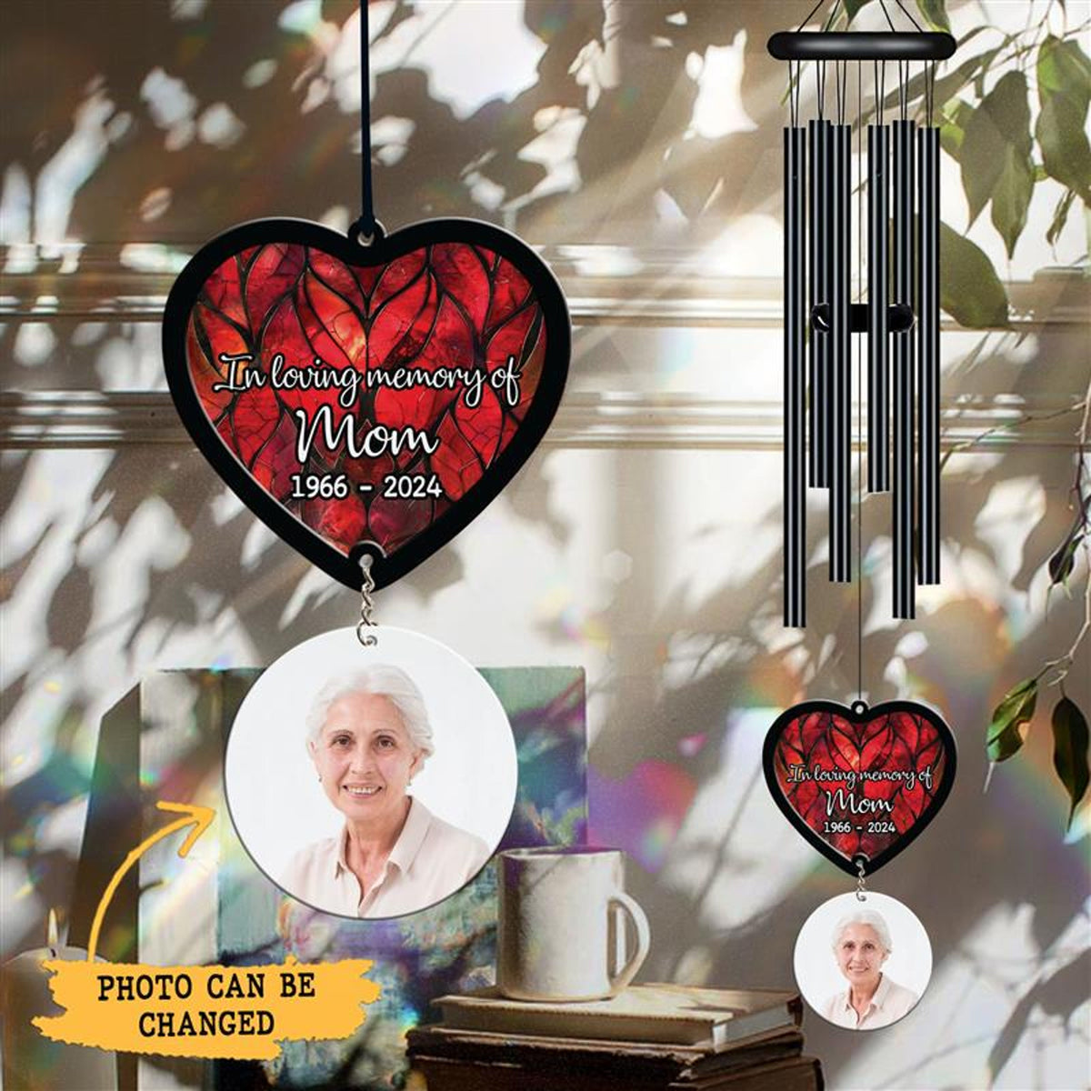 Personalized Memorial Wind Chime, Black Wind Chime, Heart Suncatcher Wind Chime, In Loving Memory, Custom Family Photo, Christmas Gift