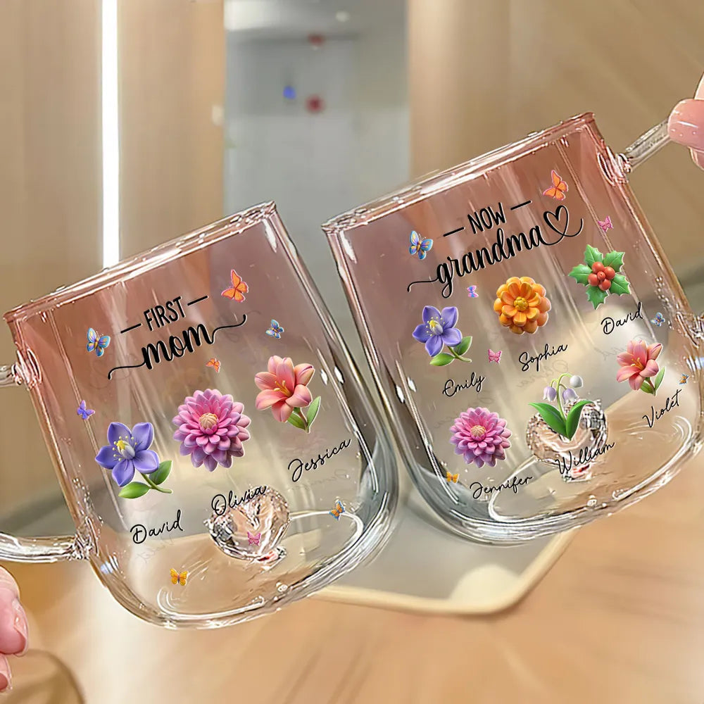 First Mom Now Grandma 3D Birth Month Flower - Personalized Gradient Glass Mug - Gift For Grandma, Mother's Day Gift