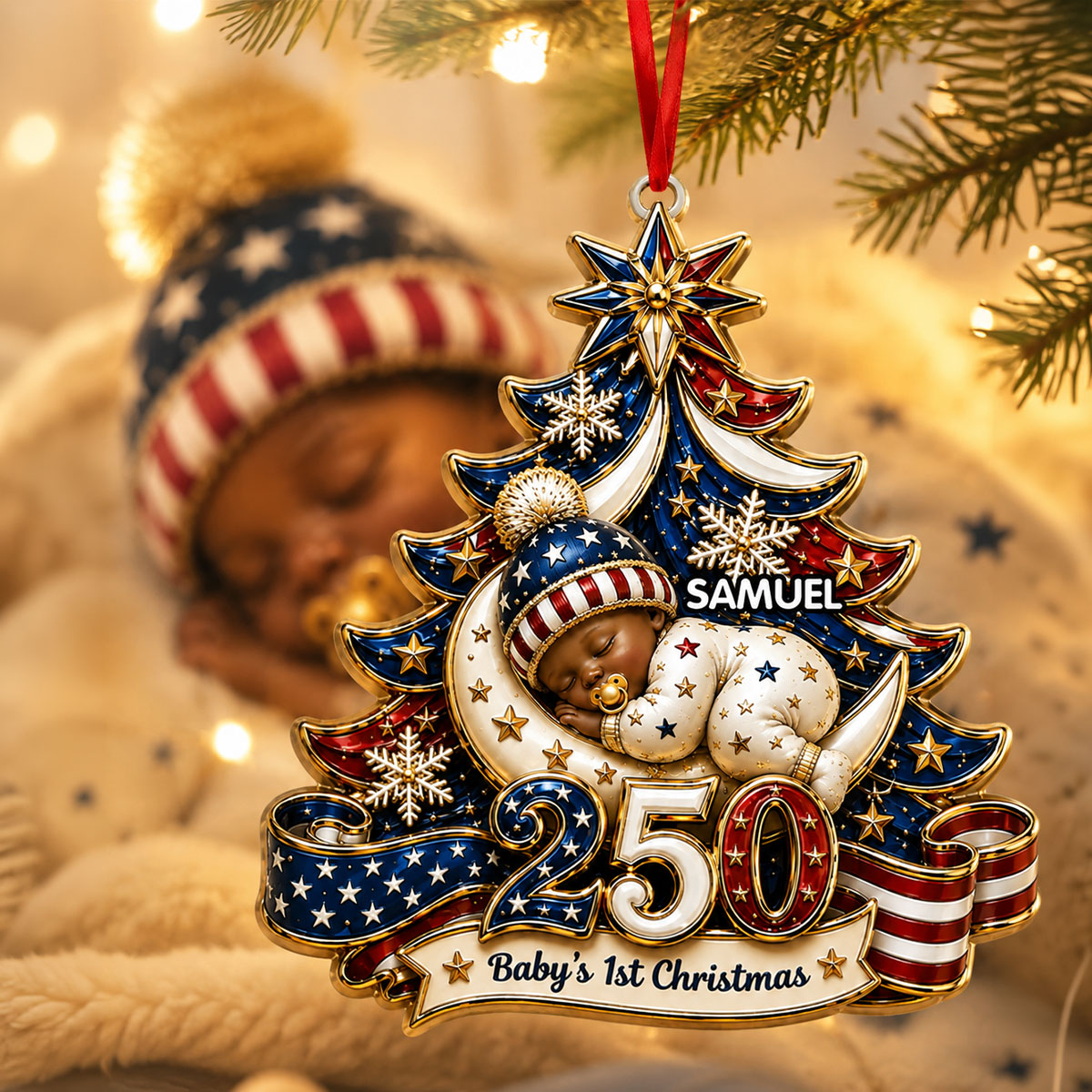 American 250th Anniversary Baby First Christmas Our Newest Little Patriot - Real 3D Raised Ornament
