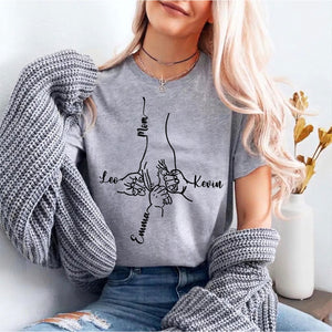 Mom & Kids Holding Hands With Kids Names - Personalized Shirt For Mother's Day