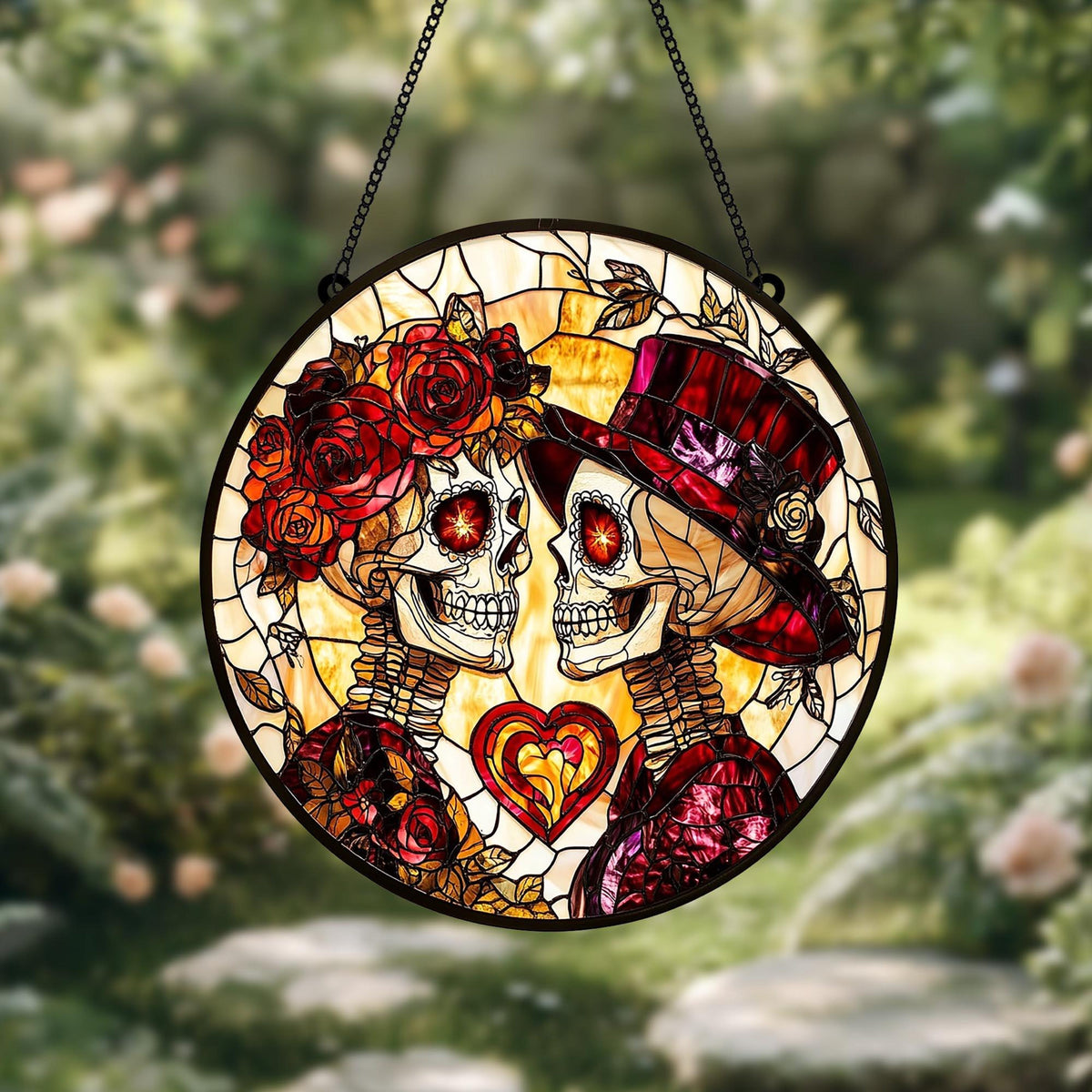 Custom Skeleton Couple Faux Stained Glass Suncatcher, Gothic Wedding Decor, Halloween Anniversary Gift for Spooky Couples, Wedding Gift