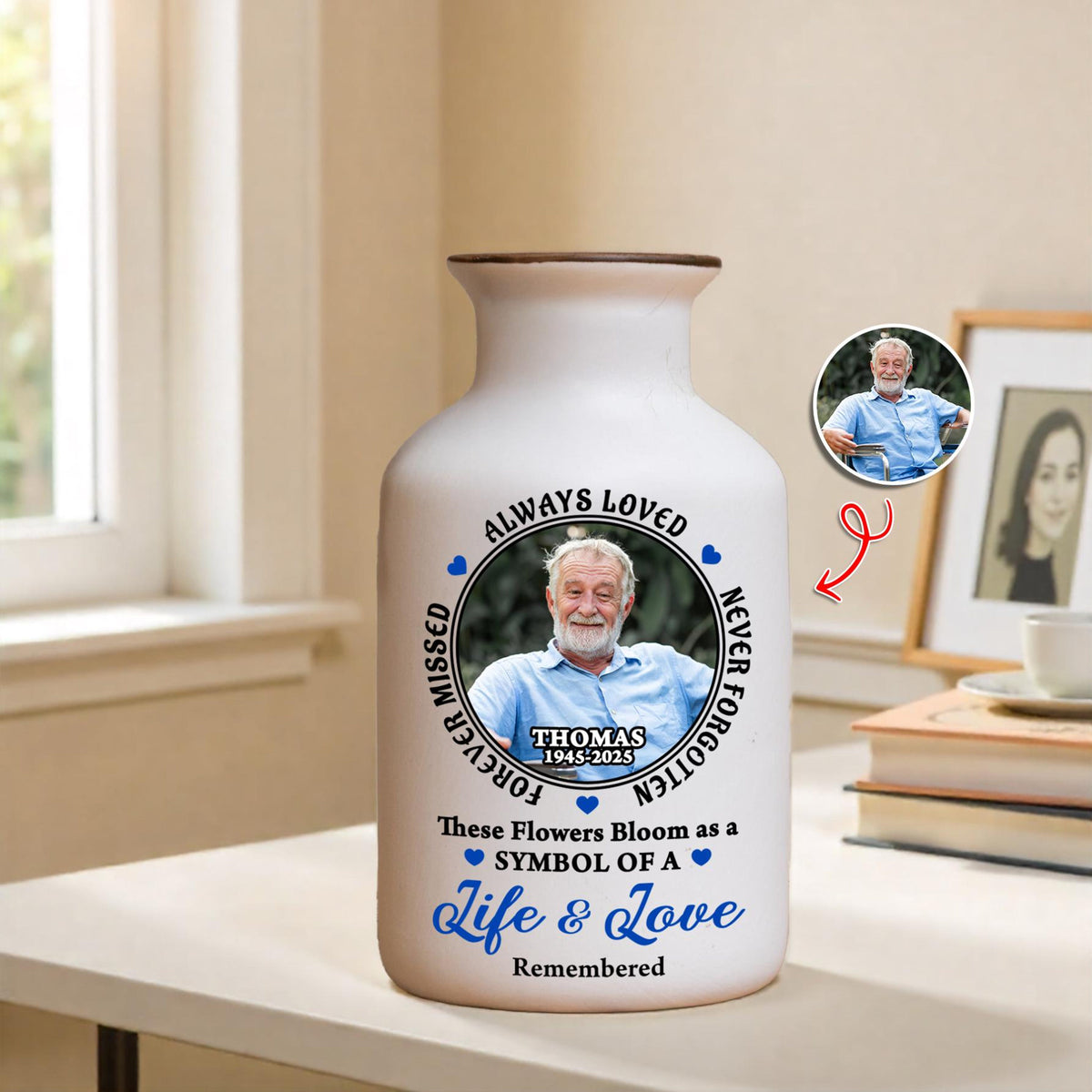 Personalized Memorial Flower Vase, Custom Photo Sympathy Gift, White Ceramic Remembrance Vase, Always Loved Never Forgotten Keepsake