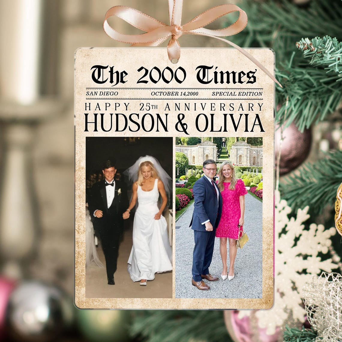 Personalized Wedding Anniversary Ornament, Newspaper Couple Photo Ornament, Acrylic Christmas Keepsake