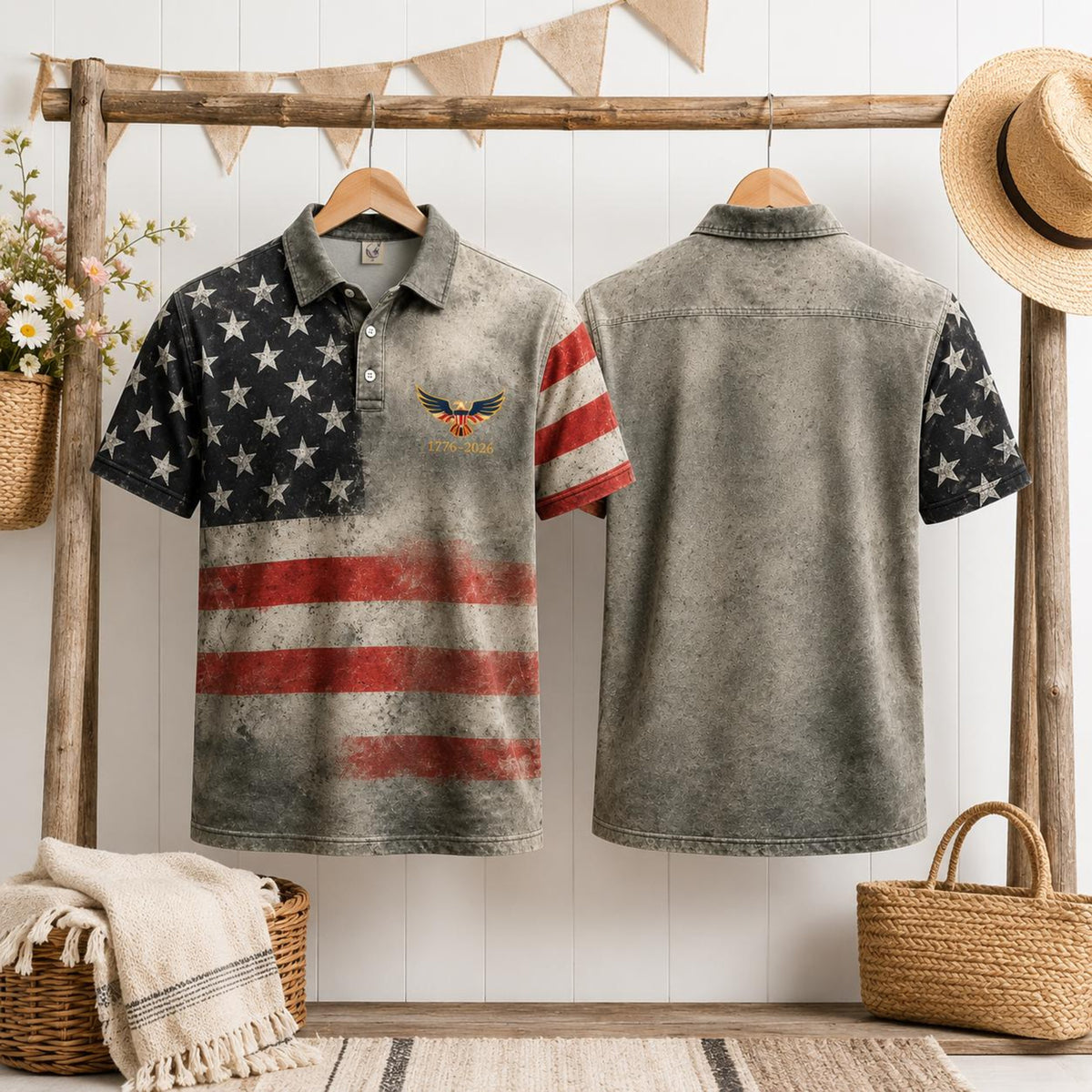 Vintage Patriotic Polo Shirt, USA Flag Mens Polo, 1776 2026 America 250th Shirt, 4th of July Summer Shirt