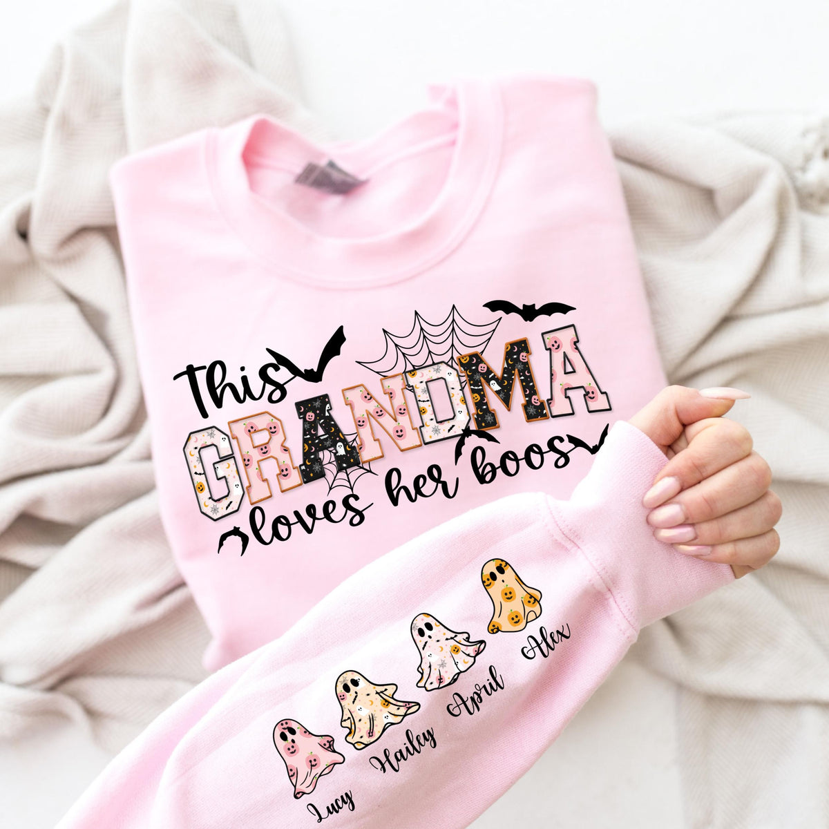 Custom Halloween This Grandma Loves Her Boos Sweatshirt, Cool Grandma Halloween Sweatshirt, Grandma Halloween Gift with Kids Name on Sleeve