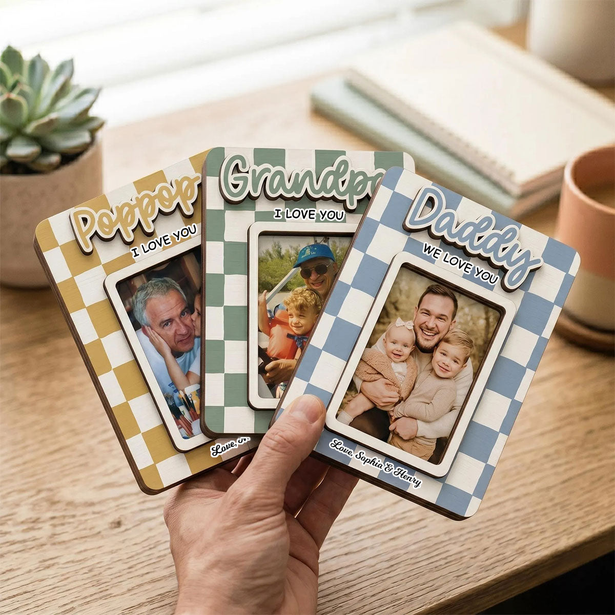 Checkered Photo Fridge Magnet - Personalized Gift for Dad Grandpa