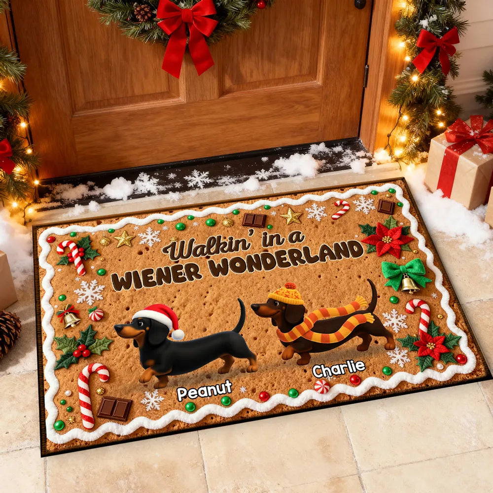 3D Effect Christmas Happy Pawliday Dachshunds Walking Gingerbread Cookie Theme - Personalized Doormat - Christmas Gift For Family