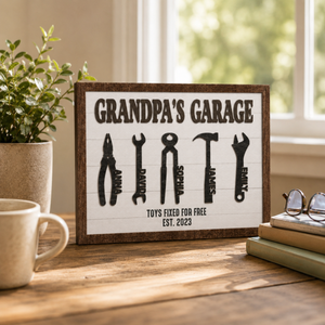 Personalized Grandpa's Garage with Kids Name Wooden Sign, Custom Garage Signs, Papa's Garage Wood Plaque, Workshop Sign, Father's Day Gift