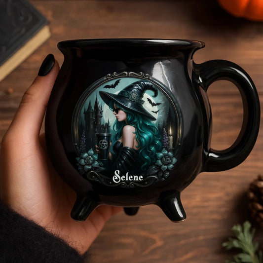 Mystic Witch Vibes - Personalized Halloween Black Ceramic Witch Mug - Halloween Gift For Family, Sisters, Friends, Siblings