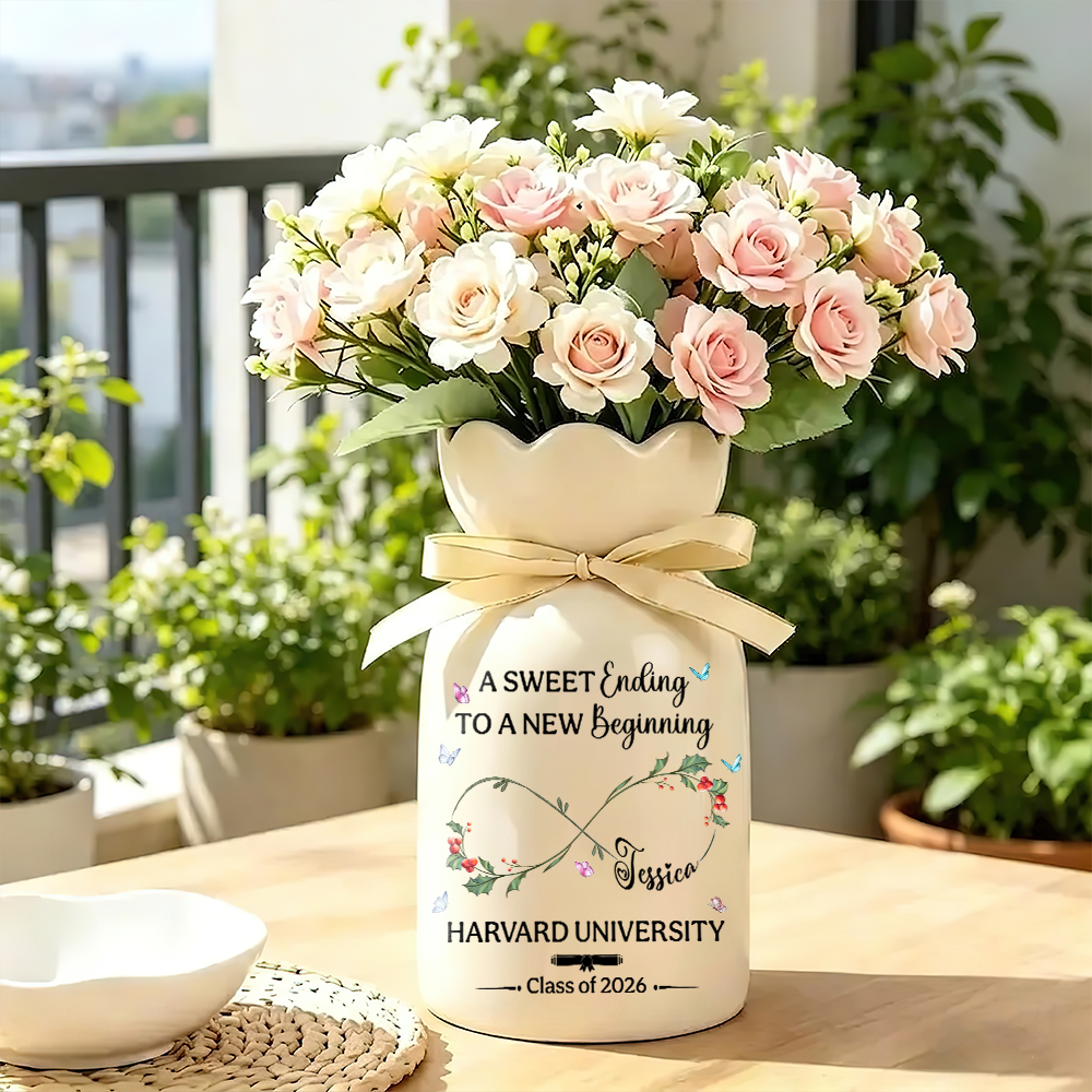 A Sweet Ending To A New Beginning  Class Of 2026 - Personalized Ribbon Tie Flower Vase