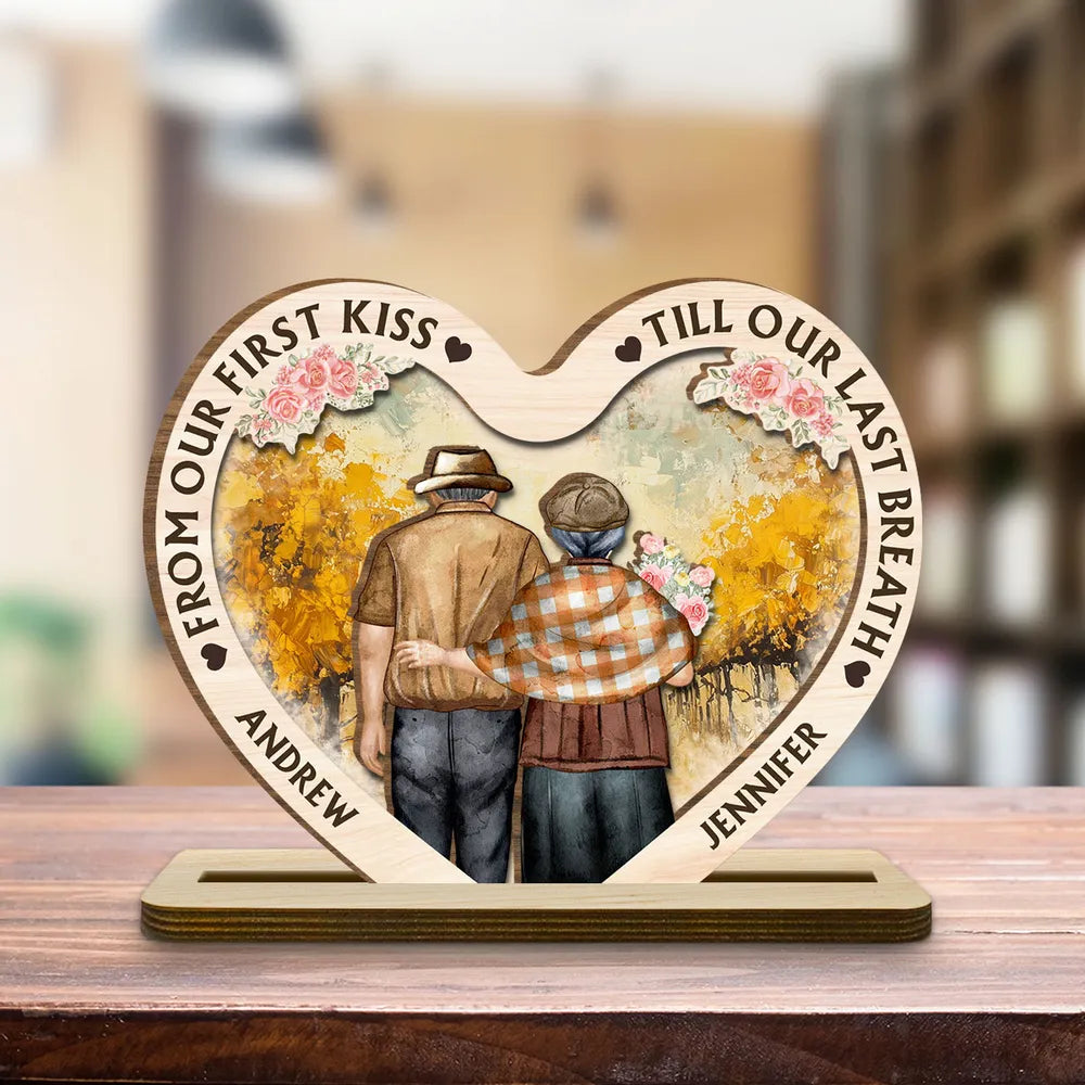 From Our First Kiss Till Our Last Breath - Personalized Heart Shaped Wooden Plaque - Anniversary Gift For Couple, Valentine's Day Gift