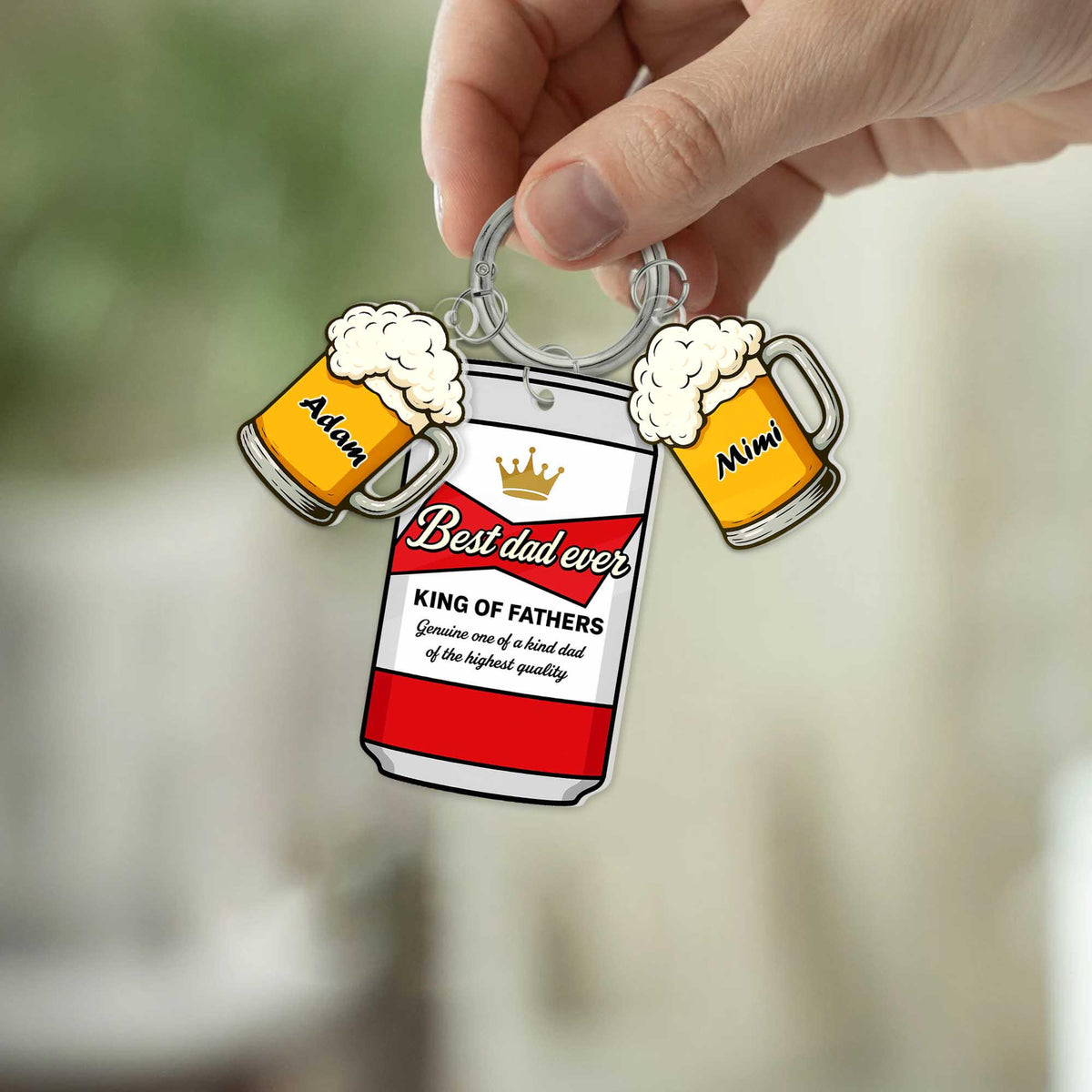 Best Dad Ever Beer Keychain Personalized Can & Mug Gift with Kids Names, Funny Custom Father s Day Keyring for Cool Beer-Loving Dads