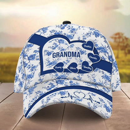 Grandma Mom Blue Heart Floral Chinoiserie Patterned - Personalized Classic Cap - Gift For Mom, Grandma, Mother's Day, Birthday Gift