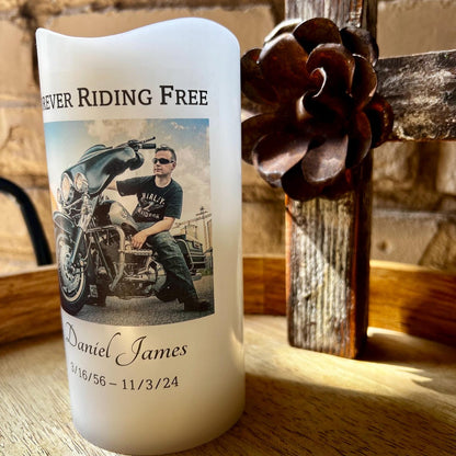 Forever Riding Free, Biker Memorial LED Candle Personalized with Name Dates Photo