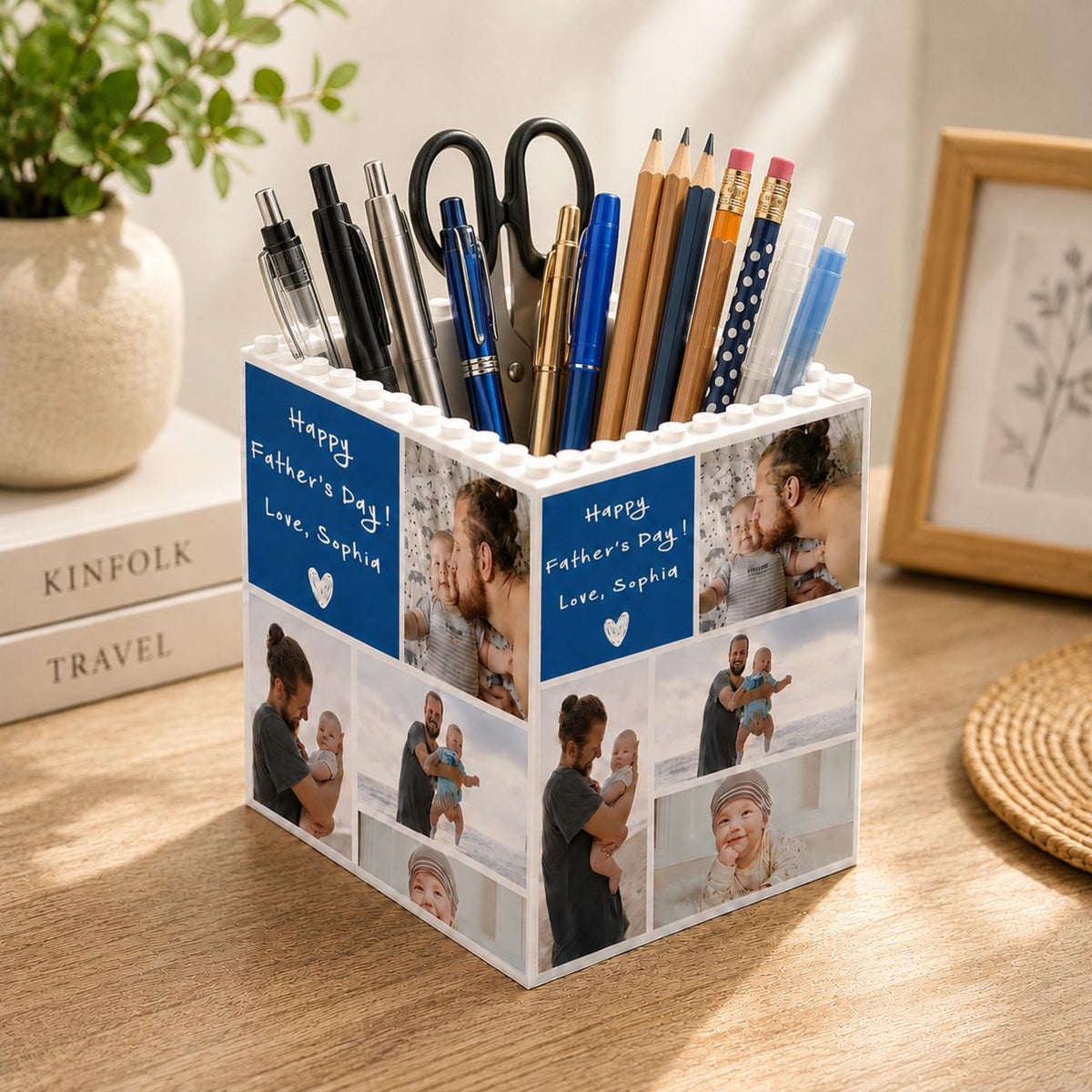 Custom Unique Gift for Dad, Photo Collage Building Block Pen Holder, Dad And Me Photo Blocks, Gift For Husband, Bricks Puzzle Fathers Day