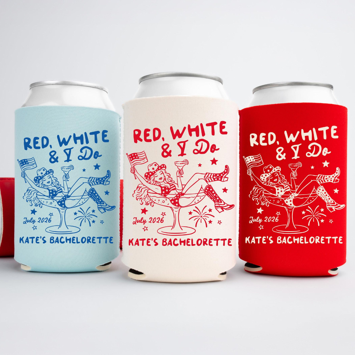 Red White And I Do Bachelorette Can Coolers - Custom 4th of July Bachelorette Party Favors - Personalized Cozies