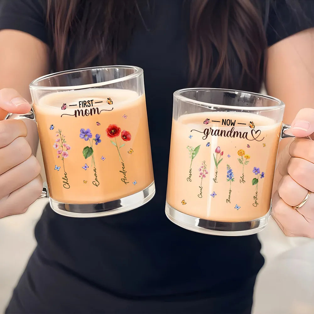 First Mom Now Grandma - Personalized Glass Mug - Gift For Mom, Nana, Gift For Her, Mother's Day Gift