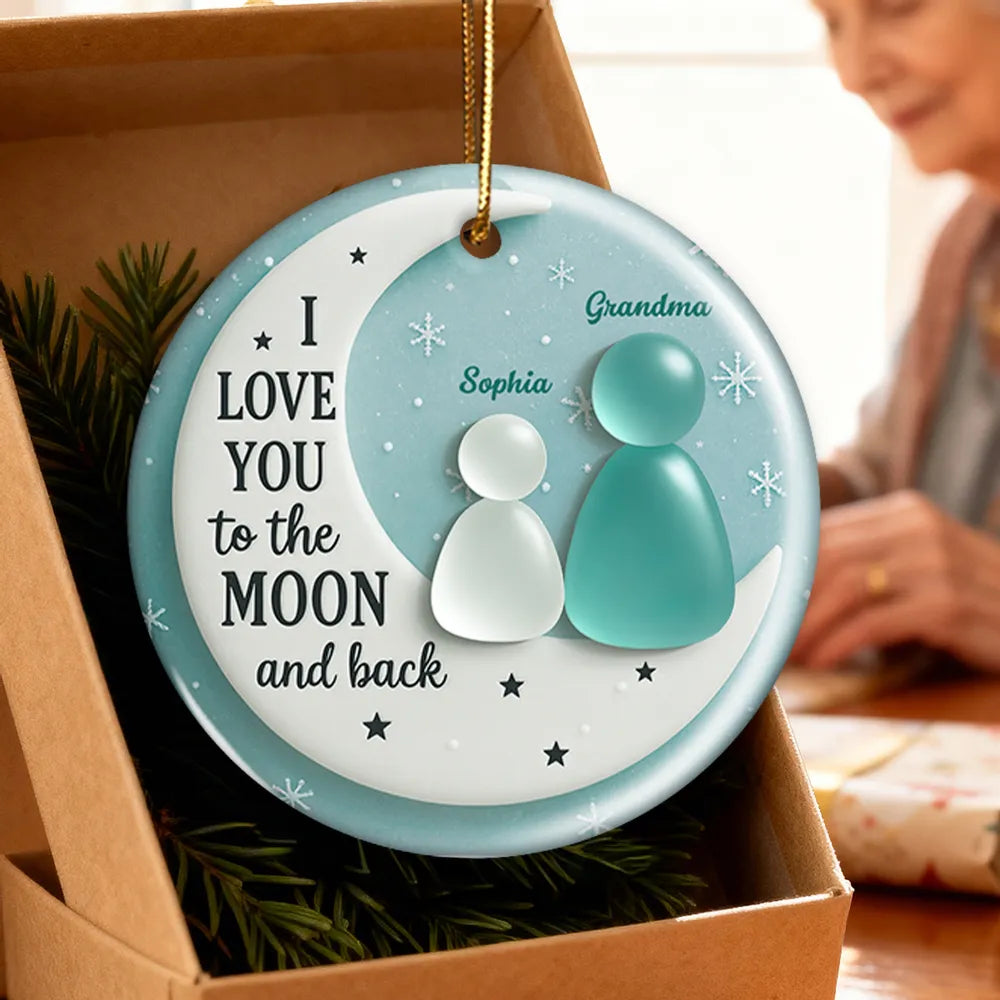 3D Sea Glass Effect Grandma And Grandkid On Moon - Personalized Ornament - Christmas Gift For Mom, Grandma