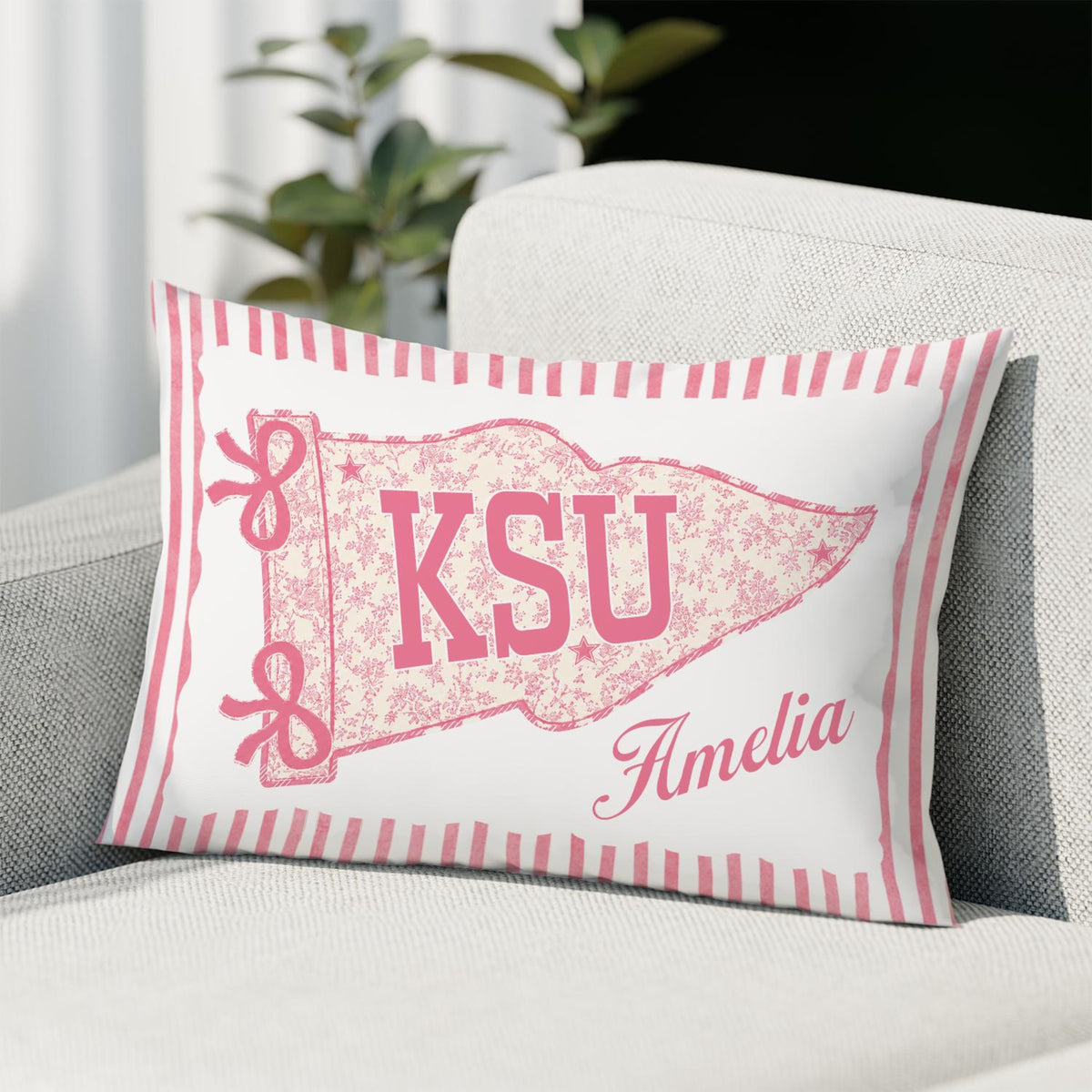 Personalized College Pillow, Custom Name Dorm Decor, Preppy Pennant Pillow, Floral Bow Pillow, Graduation Gift, College Bound Gift
