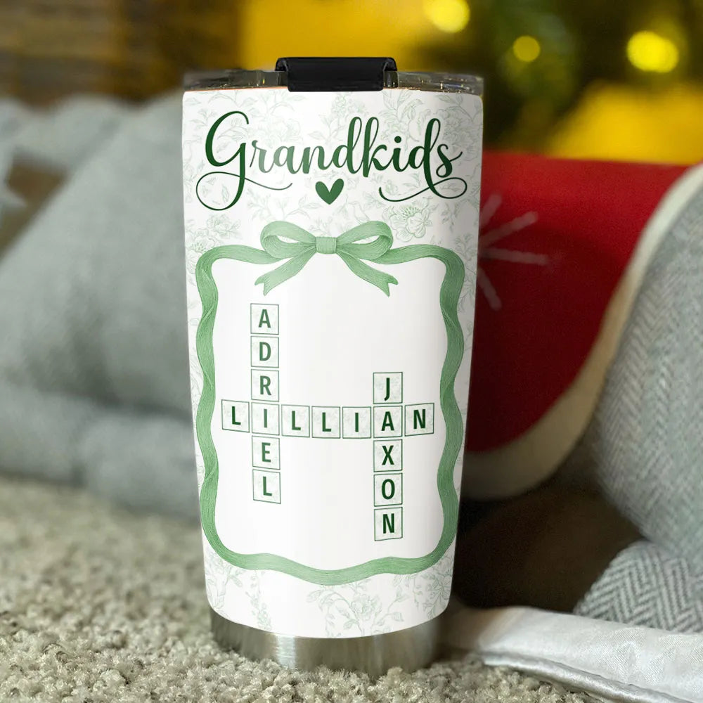 Grandkids Toile De Jouy Crossword - Personalized Tumbler - Gift For Grandma