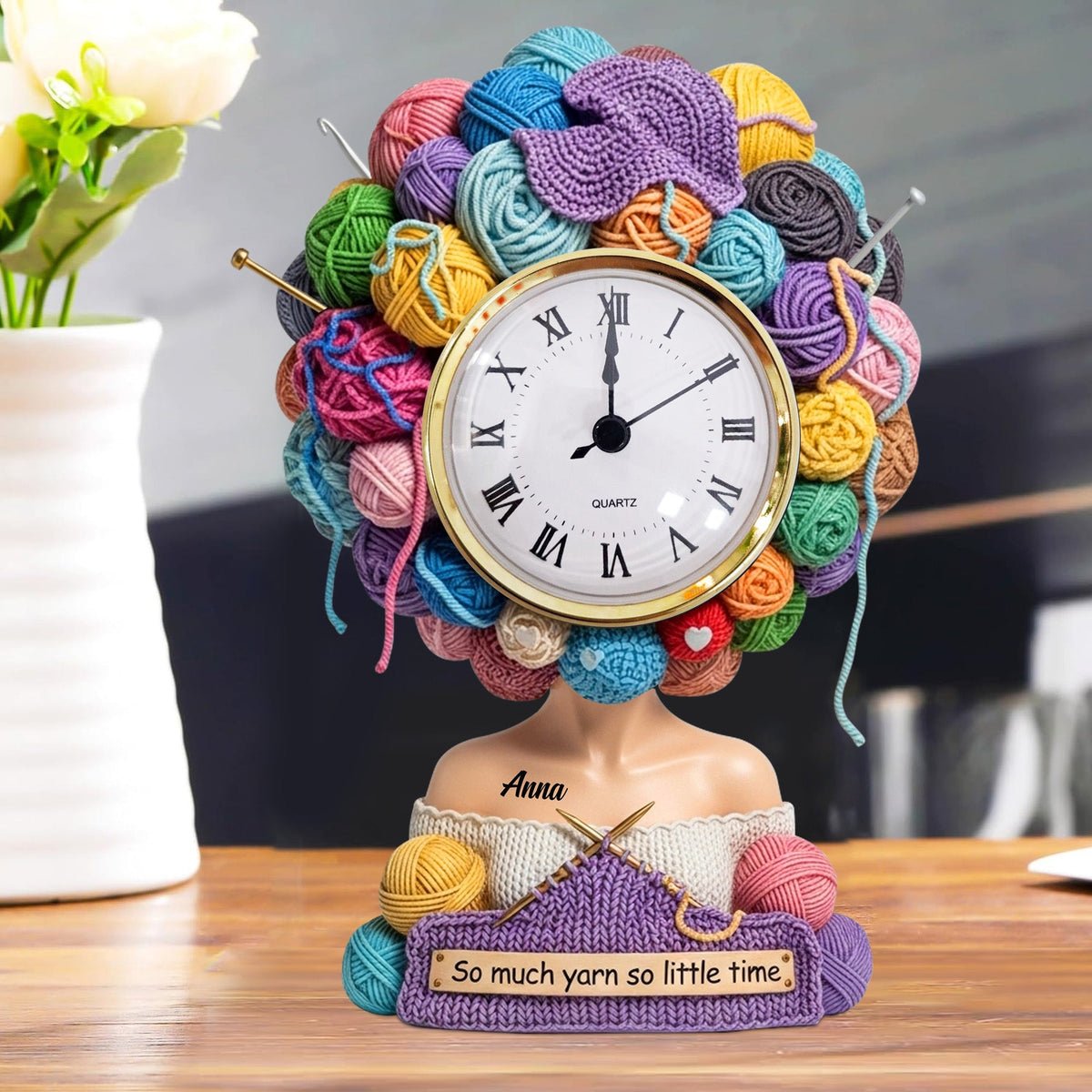 Yarn Head Girl Desk Clock - Personalized Acrylic Desk Clock - Gifts For Knitter & Crocheter