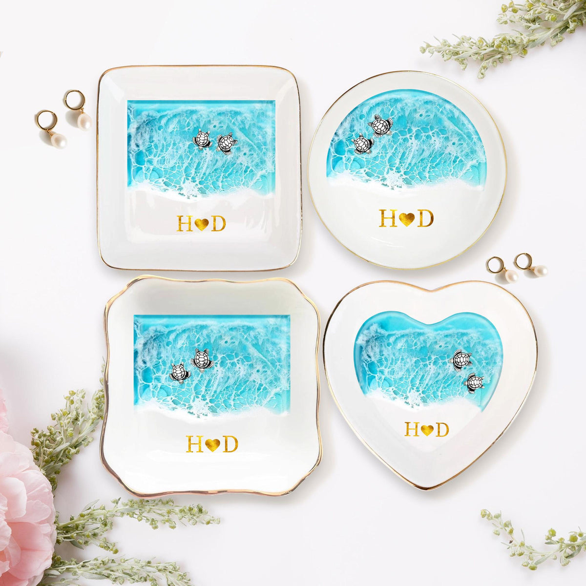 Custom Sea Turtle Couple Ring Dish, Wedding Anniversary Gift, Ocean Jewelry Tray, Engagement Gift, Couples Gift, Wedding Party Favors