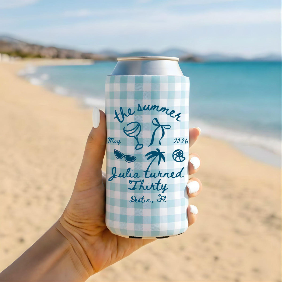 The Summer I Turned Thirty 30th Birthday Can Cooler, 30th Beach Birthday Party Favors, Custom Reusable Can Holders