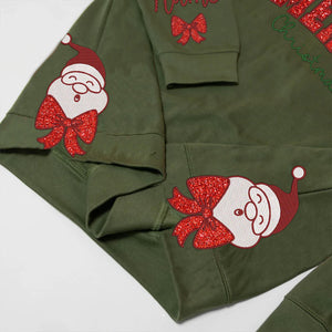 Merry Christmas Embroidered Side Bow Glitter Sweatshirt, Santa Claus Side Bow Sweatshirt, Side Bow Applique Sweatshirt, Trendy Coquette Bow