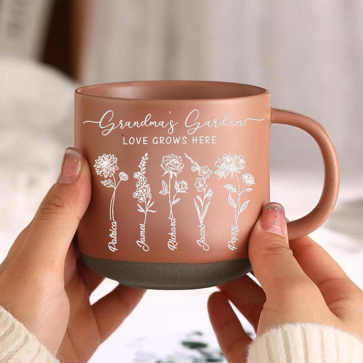 Personalized Mom's Garden Birth Month Flowers Pottery Mug With Kid's Names, Mom's Garden Coffee Mug, Mother's Day Gift