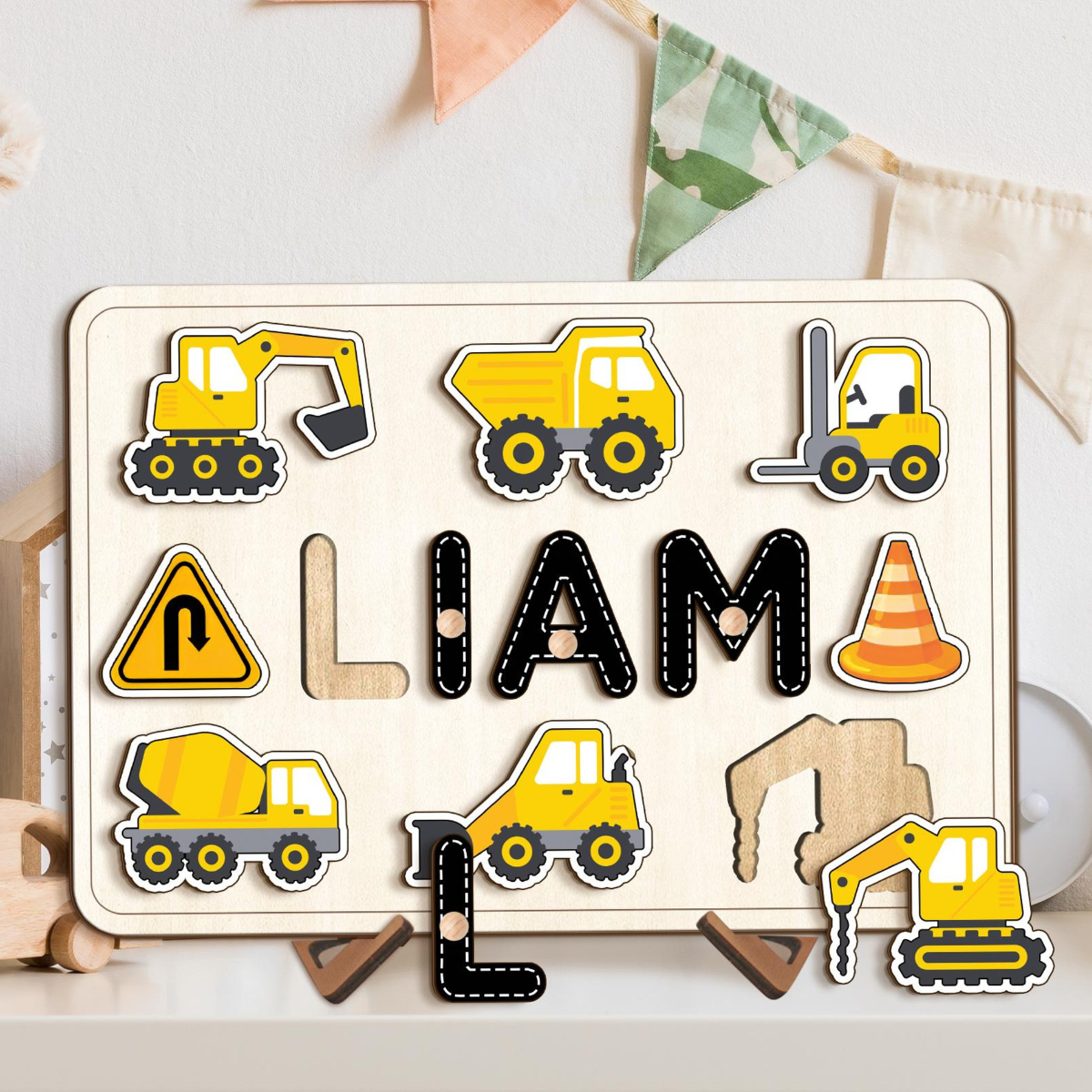 Personalized Construction Wooden Name Puzzle, Dump Truck, Digger Construction Set, Birthday Gifts for Baby Boy, Kids Name Puzzle