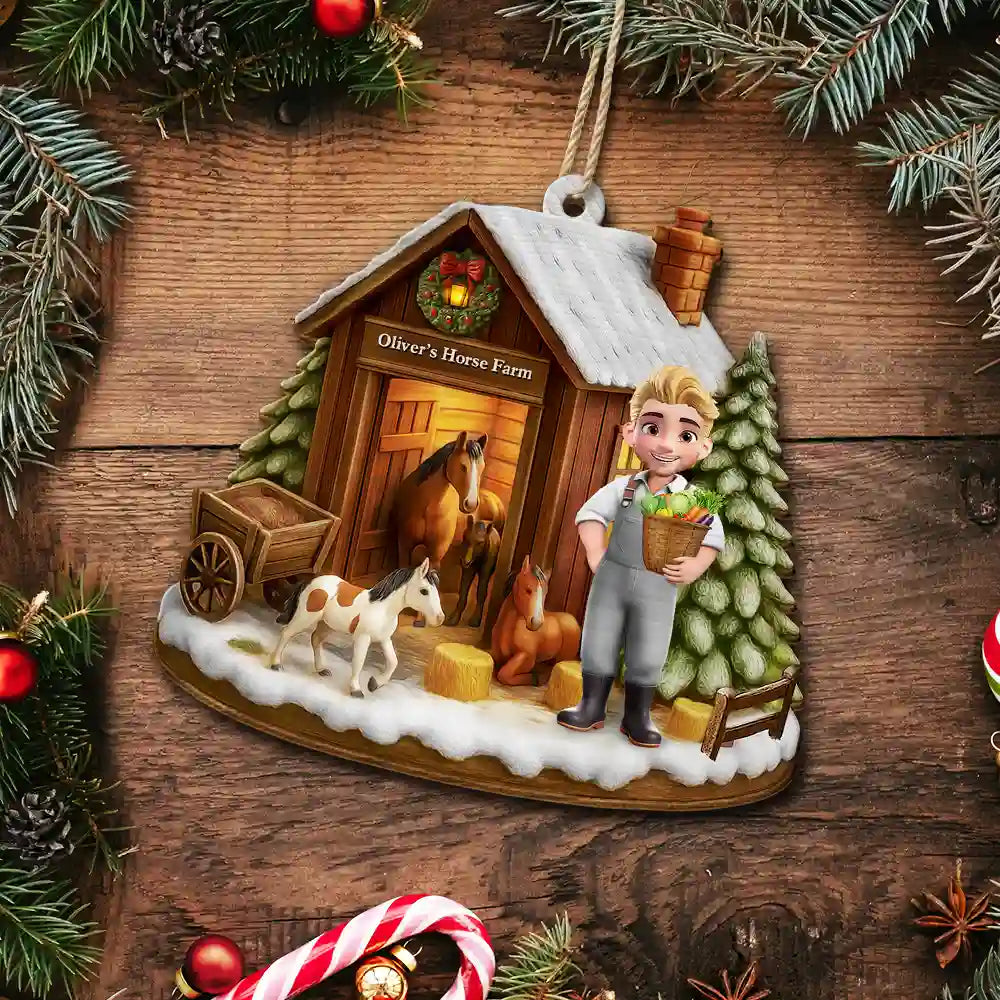 3D Effect Christmas Horse Farm - Personalized Custom Shaped Wooden Ornament
