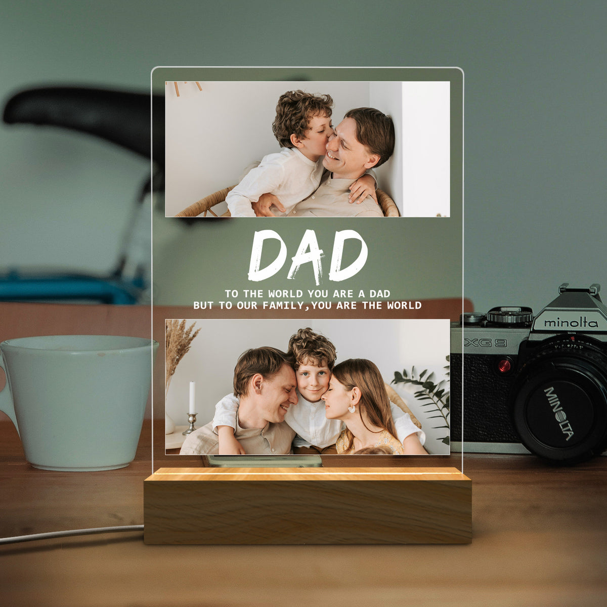 Dad You Are The World Photo Collage - Personalized 3D LED Light Wooden Base - Gift For Father