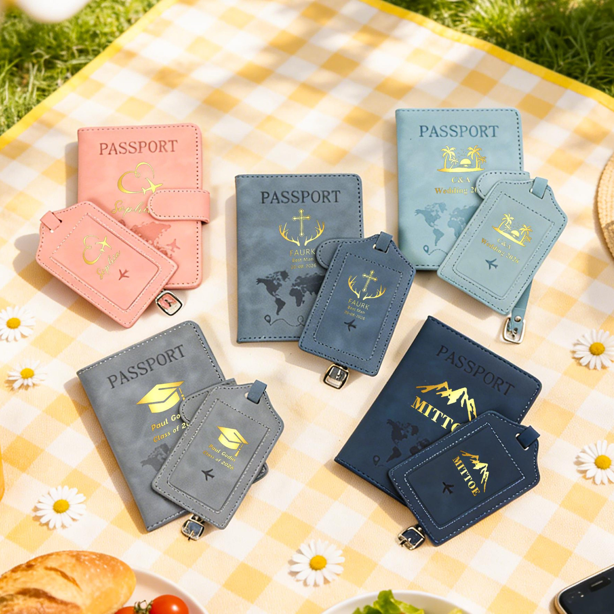 Personalized Passport Holder & Luggage Tag Set, Custom Leather Passport Cover, Travel Gifts Team Gift Your Logo