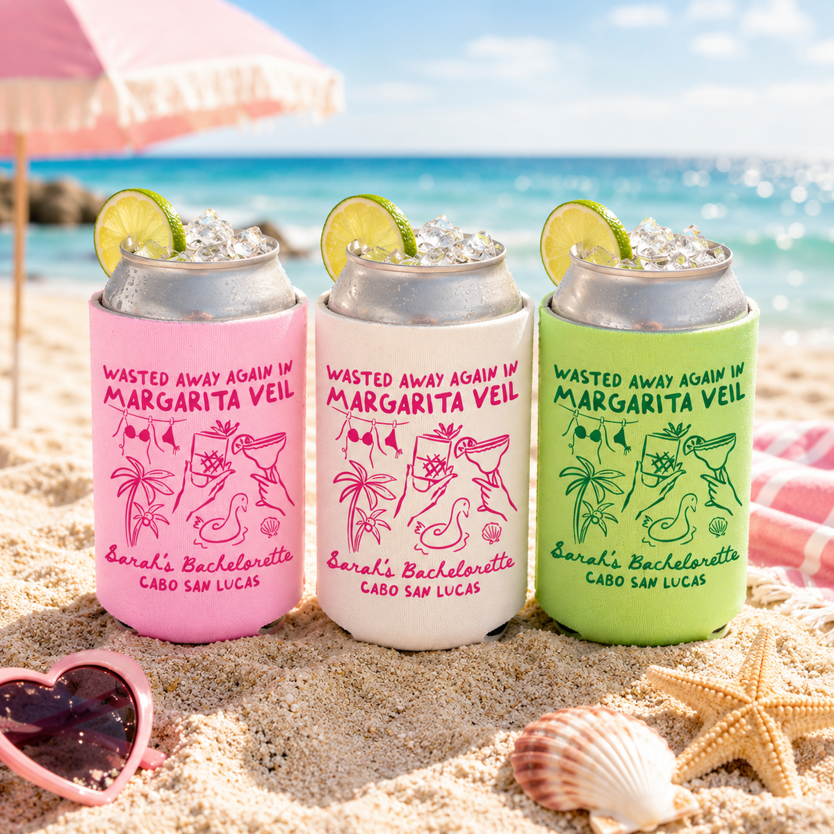 Margarita Veil Bachelorette Can Cooler - Custom Beach Bachelorette Party Favors - Personalized Cozies in Regular and Slim Size