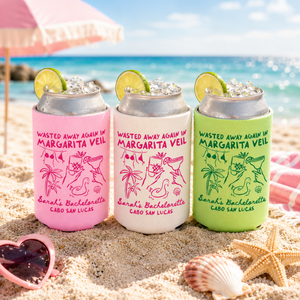 Margarita Veil Bachelorette Can Cooler - Custom Beach Bachelorette Party Favors - Personalized Cozies in Regular and Slim Size