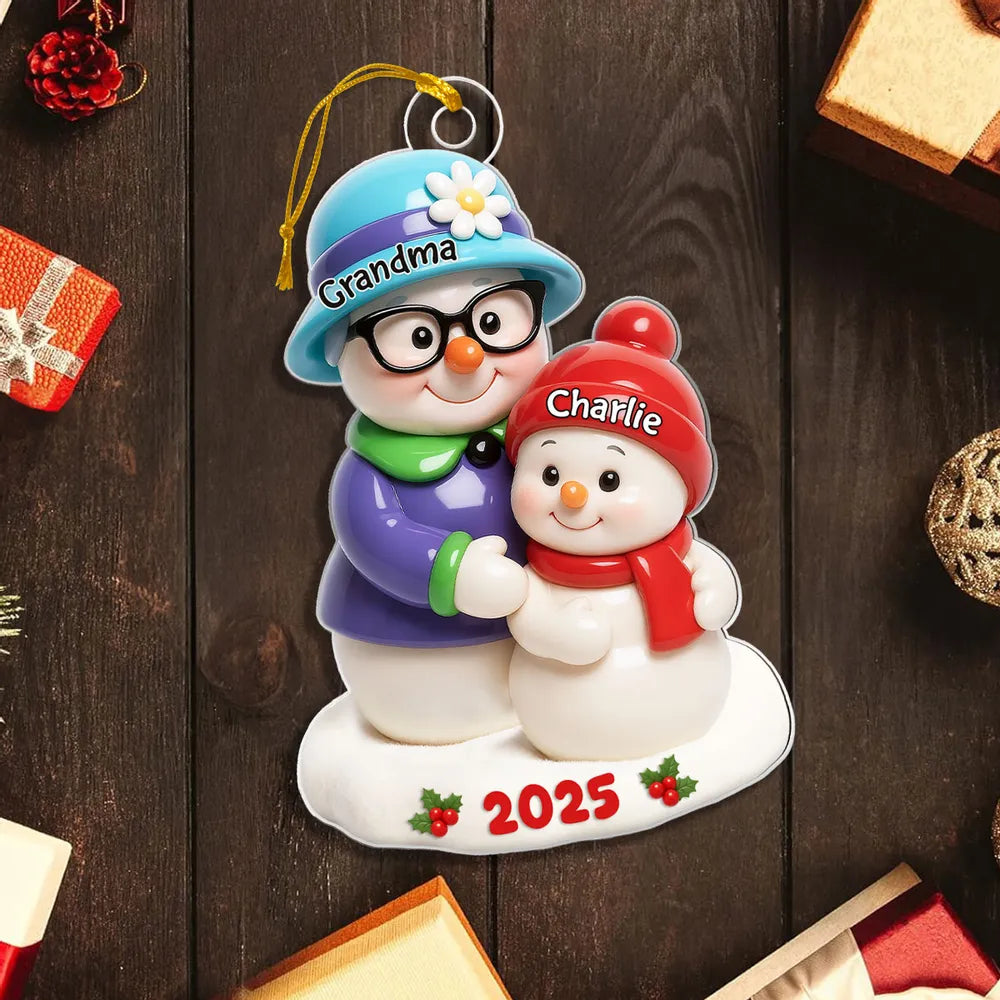 Snowman Grandma Hugging Grandkids 3D Effect - Personalized Acrylic Ornament - Christmas Gift For Grandma